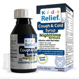 Kids Relief Cough & Cold Syrup, Relaxing Nighttime Formula for Kids 0-12, for Dry and Productive Cough, Caramel Flavor, Dye Free, No Added Sugar, 3.4 Fl Oz (Pack of 1)
