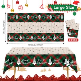Christmas Tablecloth, 2PCS Disposable Red Green Buffalo Checkered Plastic Christmas Table Cloth, 54 x 108 Inch Christmas Table Cover Rectangle Table Decoration for Christmas Party Decorations Supplies