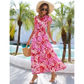 Kranda Women Summer Self-tie V Neck Short Ruffle Cap Sleeve Casual High Waist Swing Flowy Long Beach Tiered Boho Floral Maxi Dress with Pockets Rose Red X-Large