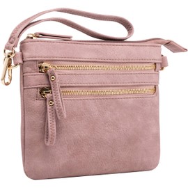 B BRENTANO Vegan Mini Multi-Zipper Crossbody Handbag Purse with Removable Wristlet & Adjustable Shoulder Strap (Blush NN)