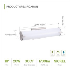 ASD LED 18" Vanity Wall Mount Light Fixture, Linear Bathroom Lighting Bar | 3CCT, Dimmable, Energy Star, ETL Listed | 20W 1500LM 3000-5000K 120V | Long Tube Bath Sconce Over Mirror | Nickel