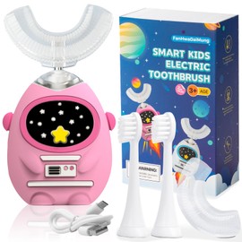 FanHwaDaiMung Kids U-Shaped Electric Toothbrush, 360° Deep Cleaning, 3 Modes, Voice Teaching, 45S Smart Timer, Type-C Charging, Waterproof Astronaut Design, for Ages 3-12 (Power Pink)