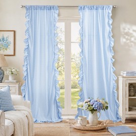 Light Blue Gingham Checkered Curtains, Cute Whimsical Ruffle Curtains for Nursery and Dorm, Pastel Baby Blue and White Preppy Cottage Shabby Chic Curtains for Girls Bedroom Playroom 84 Inch Long