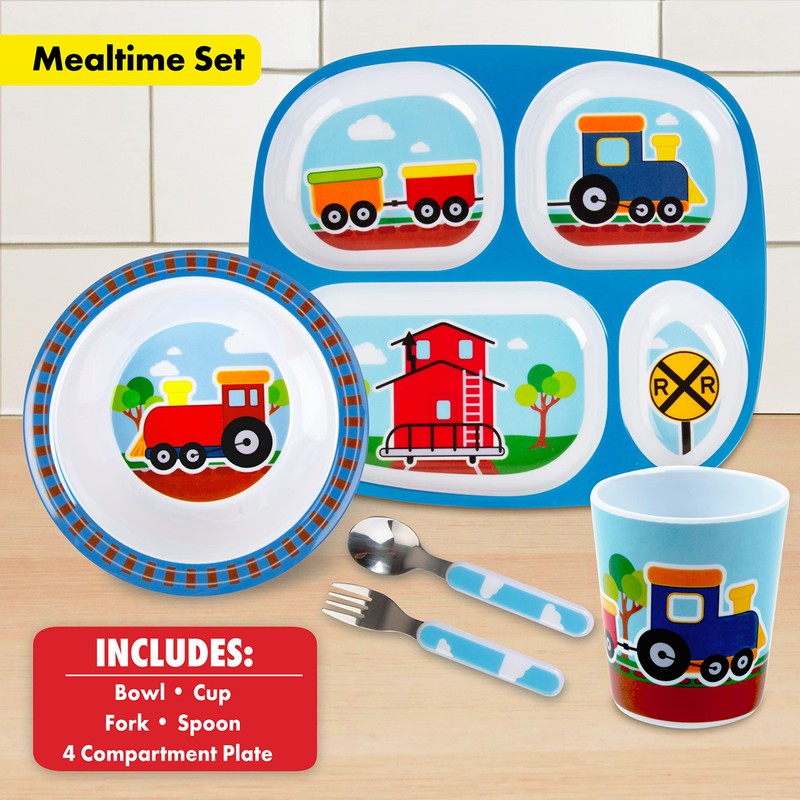 Bentology 5 Piece Train Themed Mealtime Set - Includes Plate,