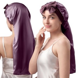 YFONG 22 Momme - Gorro de seda 100% morera para mujeres durmiendas, pelo largo, capó de seda de doble capa con banda elástica, gorra de dormir extra l