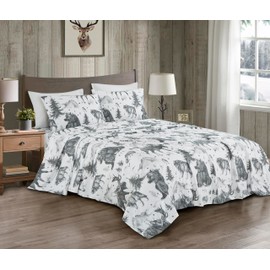Chezmoi Collection 4-Piece Lodge Sheet Set Queen Size - White Gray Black Grizzly Bear Wolves Moose Pine Tree Mountain Printed Brushed Microfiber Lightweight Breathable Deep Pocket Bed Sheets
