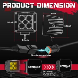OFFROADTOWN LED Cubes 3" 100W CREE Yellow LED Pods with Wiring Harness & Cover Spot Beam Off Road Driving Ditch Lights Amber Fog Lights for Trucks UTV ATV SUV Motorcycle Boat