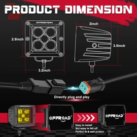OFFROADTOWN LED Cubes 3" 100W CREE Yellow LED Pods with Wiring Harness & Cover Spot Beam Off Road Driving Ditch Lights Amber Fog Lights for Trucks UTV ATV SUV Motorcycle Boat