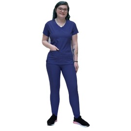 ANGIE UNIFORMS YOGAFLEX Jogger Scrubs for Women Set. Regular and PETITE. Side Spandex 2 Pockets Top with Yoga Waist Joggers. A410 (NAVY, 2X)