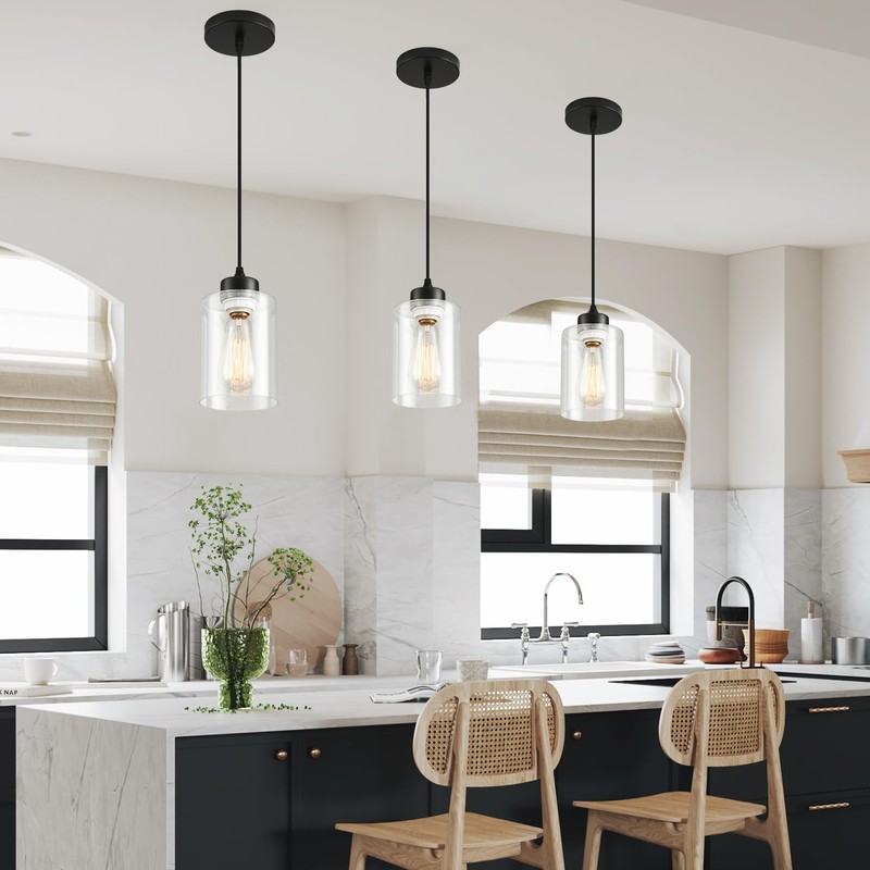 CAFULAM Modern Black Farmhouse Pendant Light with Glass Shade,Industrial Pendant