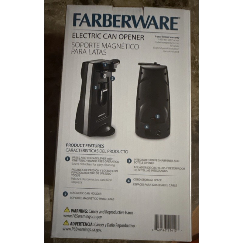 Farberware One-Touch Electric Can Opener w/knife Sharpener & Cord Storage