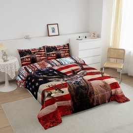 American Flag Comforter Set, Cute Deer Down Comforter Twin For Kids Boys Teens, United States Bedding Set Usa Federations Stars Duvet Sets Geometric Stripes Bedroom Decor With 1 Pillowcase