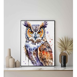 Póster con estampado de búho de cuernos, acuarela abstracta de animales, obras de arte de naturaleza de vida silvestre para sala de estar, recámara, decoración de baño 66 (búho de cuernos, 8 x 10
