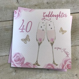 Happy 40th Birthday Card Goddaughter Champagne Glasses Pink Roses by White Cotton Cards SS42-GODD40,16cm x 16cm