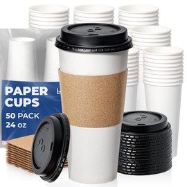 Fit Meal Prep 24 oz 50 Pack To Go Coffee Cups with Lids and Sleeves, Disposable Paper Coffee Cups with Lids for Hot/Cold Beverage