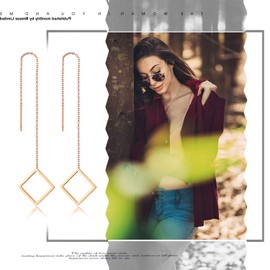 Flongo Women's Chopsticks Pull-Through Earrings, Long Tassel Threader Earrings, with Pendant, Silver, Gold, Rose Gold, Stainless Steel