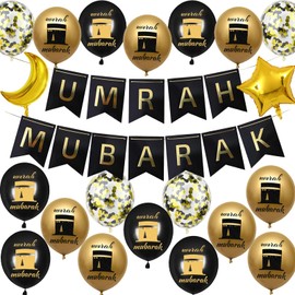 Umrah Mubarak Decorative Ramazan Gift - 21 Pieces Eid Mubarak Decoration Theme Banner Latex Foil Balloons for Muslim Hosgeldin Ramazan Eid Umrah Mubarak Islamic Festival Decorations