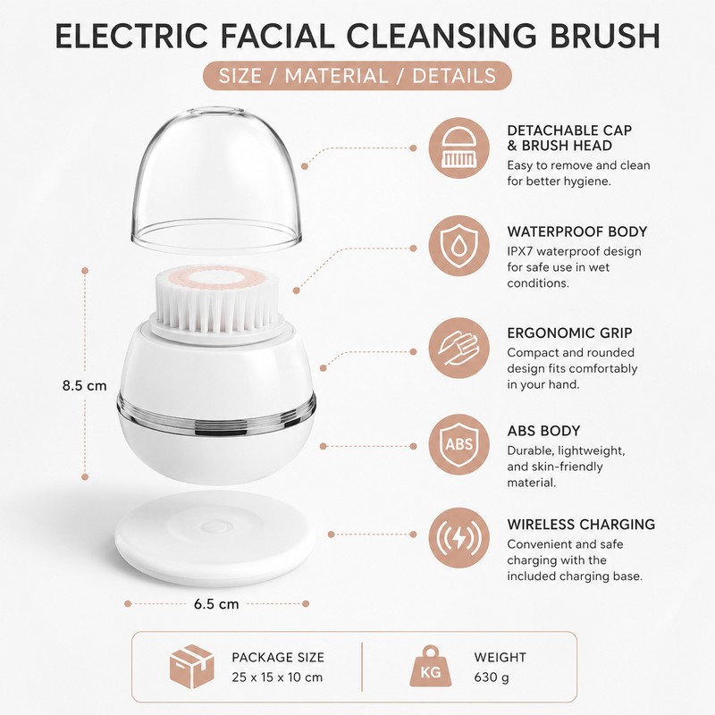 Rechargeable Facial Cleansing Brush with 3 Vibration Modes and Interchangeable