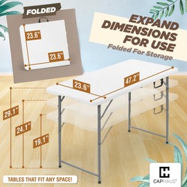 CAPHAUS 47.2 in Folding Table, Utility Craft Table w/Carrying Handle, Heavy Duty Portable Fold Up Table, Outdoor and Indoor, Adjustable Height Plastic Table for Camping, Picnic, Office, Home, White