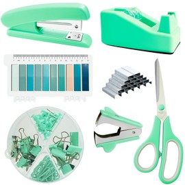 Oiijiok Green Office Supplies Set: Desk Accessories, Stapler, Tape Dispenser, Scissor, Staple Remover, 1000 Staples, Paper Clips, Tabs