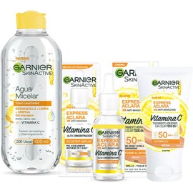 Kit Garnier Express Aclara Rutina anti manchas con Vitamina C Sérum facial, agua micelar y todo-en-1 tono medio con FPS, 3 piezas. Hidrata, ilumina y