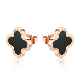 Four Leaf Clover Earrings for Women 18K Rose Gold Plated Stainless Steel Lucky 4 Leaf Ear Studs Jewelry Gift for Mother and Daughter (Black & Rose Gold)
