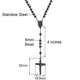 Stainless Steel Beaded Rosary Cross Necklace –6MM Crucifix Cross Medallion Rosary Chain Y-Necklace for Women & Men Religious Jewelry Comes in Silver, Gold, Rose, Black Color with a Gift Box (BB)