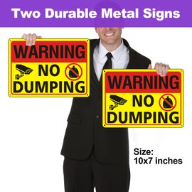 No Dumping Signs, (2 Pack) No Dumping Video Surveillance Sign for Private Property, 10x7 inches Large Reflective Aluminum Metal Sign Rust Free Waterproof and Easy to Install(Yellow and Black)