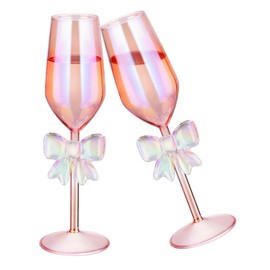 NiHome 2-Pack Pink Iridescent Champagne Flutes with Bow Base for Women, 10.5oz/310ml Handcrafted High Borosilicate Glasses, Elegant Rainbow Glassware for Wedding Party Celebration