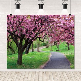 Spring Cherry Blossom Backdrop 10x8ft Pink Flowers Trees Scenery Path Green Grass Photography Background Portrait Birthday Party Decorations Banner Photo Props