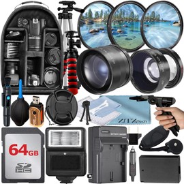 ZeeTech 49mm Accessory Bundle for Canon EOS: R100, R50, R10, M5, M6 Mark II, M6 + LP-E17 Battery + 64GB Memory Card + Wide Angle + Telephoto Lens + Battery Charger + Backpack + Flash + More