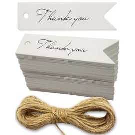 HOMETOOLS.EU® 100 Kraft Paper Gift Tags "Thank You" Label, 7 x 2 cm, White, with Jute String