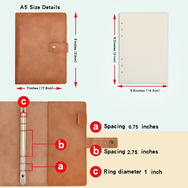 Wonderpool Leather Refillable Notebook Ring Binder A5 Diary – Dotted