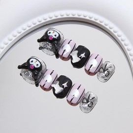Handmade Children's Press On Nails Short MouyouGlow, Children Cute Kawaii Carton 3D Bow Kuro with Heart Glitter Fake Nails with Nail Glue Sticker, Kids Acrylic Artificial Children's Fingernails CH13
