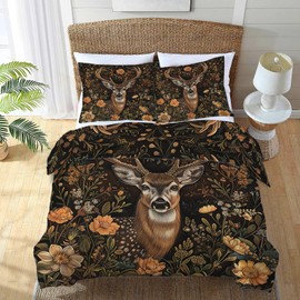 Forest Deer Comforter Set Vintage Animal Floral Print Duvet Cover Sika Deer Bedding Set Twin Full Queen King Size Elk Quilt Set for Girls Kids Teenagers Adults Men Women with 2 Pillowcases 68"x90"