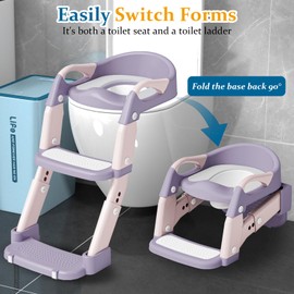 CUXFLS 3-in-1 Potty Training Seat with Ladder Adjustable Toddler Toilet Step Stool (Toilet, Ladder, Squatting Aid) for Children with Removable Cushion, Anti-Splash & Foldable Design - Purple