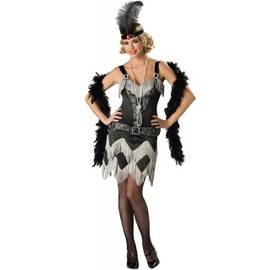 Forever Young Ladies Black & Grey Vintage Roaring 1920s Flapper Charleston Gangster Fringed Dress Costume (UK Size 8)