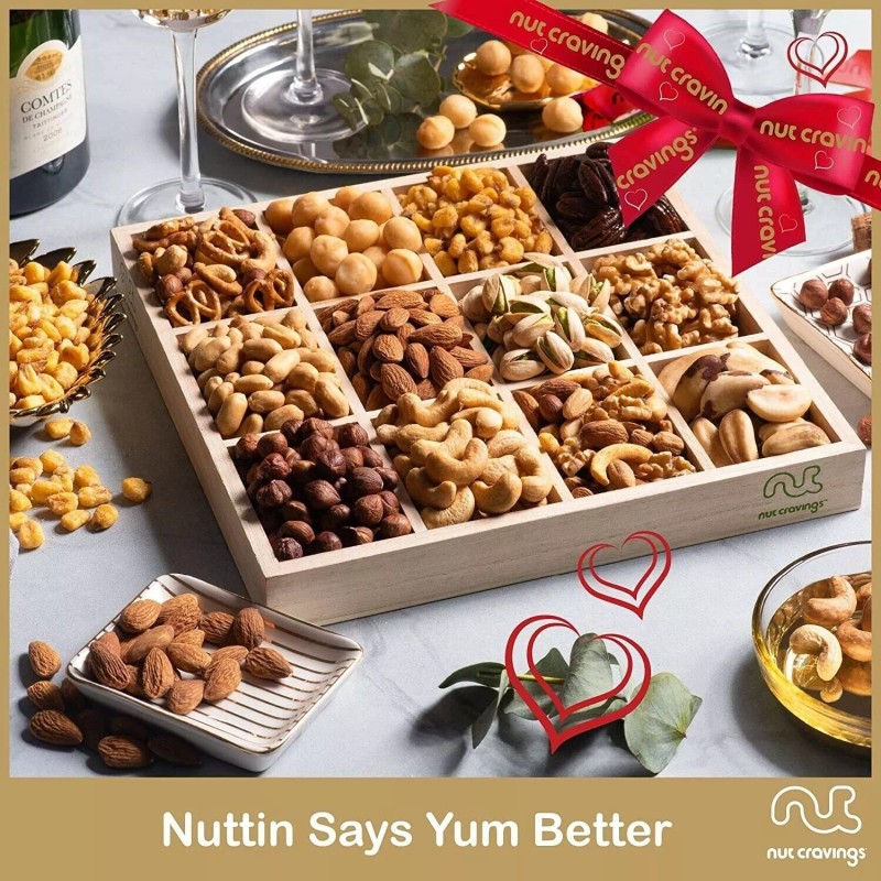 Nuts Gift Basket in Wooden Tray + Red Ribbon (12