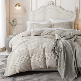 Ivellow Waffle Weave Duvet Cover Set 100% Cotton King Textured Khaki Cozy Soft Breathable Skin-Friendly Luxury Comforter Cover Bedding Set All Season 104"x90"