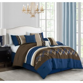 Chezmoi Collection Arden 7-Piece Modern Pleated Stripe Embroidered Zigzag Bedding Comforter Set (Queen, Coffee/Brown/Navy/White)