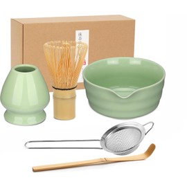 Matcha Whisk Set, Japanese Tea Set Includes Matcha Bowl with Spout, Matcha Whisk Holder, Bamboo Matcha Whisk and Bamboo Scoop, Ceramic Matcha Kit for Tea Lovers ﻿ (Green -5pcs)