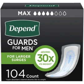 Depend Guards Incontinence Pads for Men, Maximum Absorbency, 104 Count (2 Packs of 52), Packaging May Vary