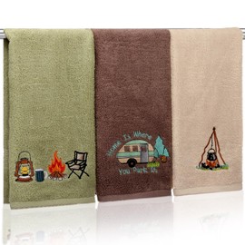 SmoothNovelty 3 Pcs Camping Decorative Hand Towels 14 x 29 Inch Cotton Embroidered Bonfire RV Tent Kitchen Towel Farmhouse Campfire Wash Cloths for Campers Gift Cooking Drying