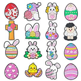 Qaziuy Pack of 16 Shoe Pendant Charms, Easter Shoe Charm Cartoon Easter Bunny Eggs Shoe Pin PVC Shoe Decoration Pendant for Shoes Charms Bracelet Charms Easter Gift Party Accessories, Polyvinyl