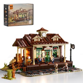 FUNWHOLE Wild West Train Station Lighting Building-Bricks Set - 1975 Pcs Collectible Train Playset for Adults and Teens