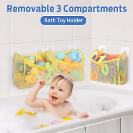 Bath Toy Storage, Goowin Bath Toy Holder, 3 Compartment Large Openings Bath Toy Organizer, Large Capacity Bath Tub Toy Holder, Kids Bathtub Toy Storage for Accessing & Sorting Toys (Yellow, Upgrade)