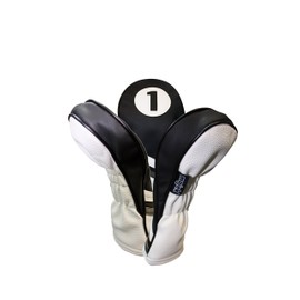 Majek Golf Headcovers Black and White Leather Style 1, 3, 5 Driver and Fairway Head Covers Fits 460cc Drivers