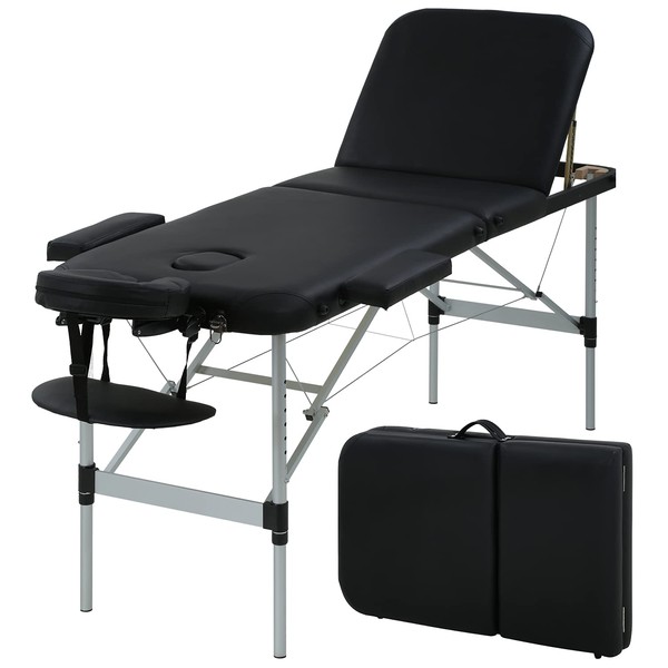 HCY Massage Table 84 inch Bed Table Portable Massage Bed Aluminium Height Adjustable 3 Folding with Carry Case for SPA Salon Tatoo (Black)