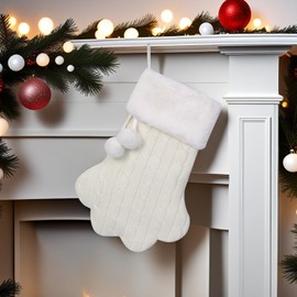 E-FirstFeeling Knit Pet Christmas Stockings with Faux Fur Cuff Dog Paw Christmas Stocking Large Knitted Christmas Stockings for Dogs Cats Hanging Stockings Holiday Decor (Paw Plush Ball, White)