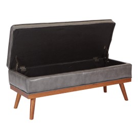 OSP Home Furnishings Katheryn Storage Bench with Tufted Seat and Wood Finish Legs, Pewter Bonded Leather